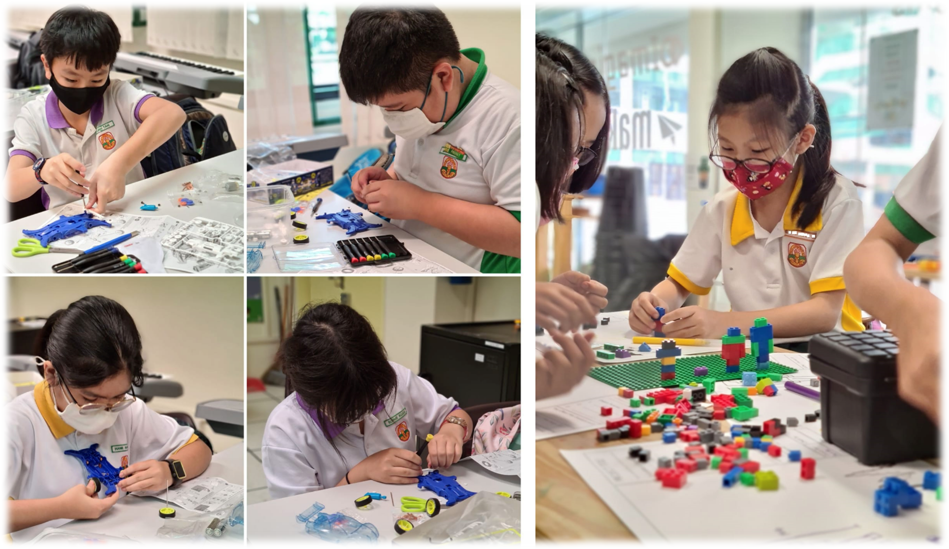 Collage of children in school uniforms wearing masks, assembling blue models and building with colorful blocks.